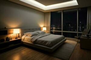 AI generated Illuminating style modern lights in a residential bedroom create a chic, cozy atmosphere photo