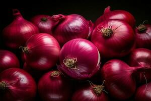 AI generated Top down allure red onions showcase their beauty in an enticing and colorful arrangement photo