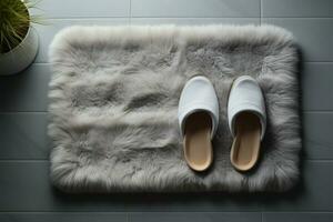 AI generated Cozy ensemble top view captures a bath mat paired with plush slippers photo