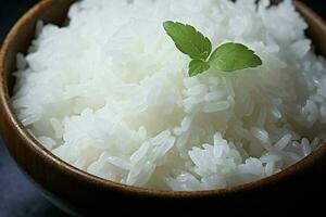 ai generado culinario sencillez cerca arriba de un cuenco lleno con cocido blanco arroz foto