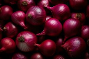 AI generated Red onions arranged in a captivating top view, creating a colorful culinary display photo