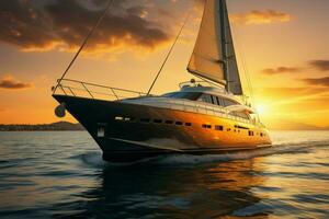 AI generated Yacht glides through the golden hues of a sunset, epitomizing luxury and elegance photo