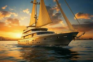 AI generated Nautical opulence a luxury yacht cruises in golden serenity as the sun sets photo