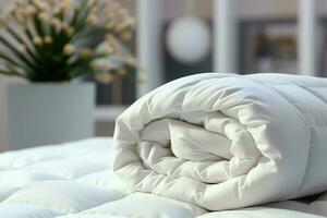 AI generated Bedtime elegance White pillow, blanket, and luxury down comforter concept photo