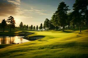 ai generado golf curso bañado en dorado luz de sol irradia un sereno y pintoresco belleza foto