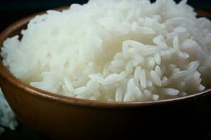 ai generado culinario sencillez cerca arriba de un cuenco lleno con cocido blanco arroz foto