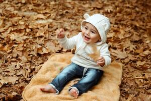 Cheerful boy in autumn park photo