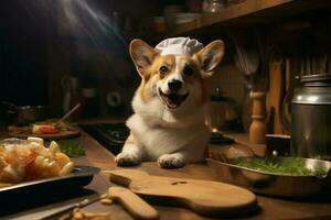 AI generated Corgi dog chef expertly navigates the kitchen, bringing joy through culinary creations photo