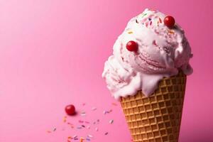 AI generated Sweet tableau top view of delectable ice cream against pink photo