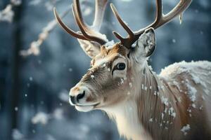 AI generated Frosty elegance reindeer roam a winter forest, embodying the magic of the season photo