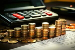 AI generated Planning finances Desk with coin pile, calculator, budget graphs photo