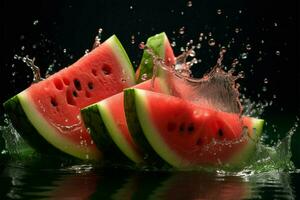 AI generated Watermelon joy a delightful scene with a splash of refreshing water photo