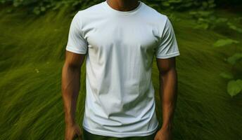 AI generated Stylish contrast a model wears a white t shirt against a vibrant green grass backdrop photo