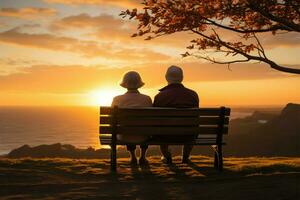 ai generado puesta de sol compañerismo un mayor Pareja encuentra consuelo y alegría en un banco foto