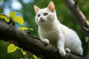 AI generated Charming sight a white cat on a tree branch epitomizes serene, natural elegance photo