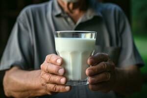 AI generated Holding a glass of milk, man advocates daily intake for calcium photo