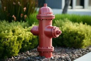 AI generated Grass guardian a vibrant red fire hydrant stands out outdoors photo