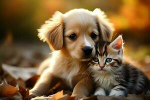 AI generated Playful pair a kitty and puppy enjoy shared moments, embodying delightful camaraderie photo