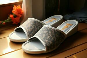 AI generated Relaxed elegance womans soft slippers bring comfort to her home photo