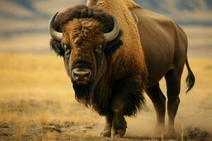 ai generado poderoso pastoreo desde America, bisonte simboliza fuerza y gracia en abierto terrenos foto