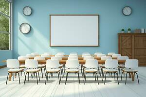 AI generated Educational ambiance White board and chairs set in a classroom photo