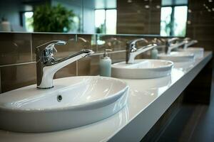 AI generated White ceramic wash sink basins, mirrors in modern public bathroom photo