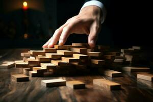 AI generated Businessmans hands prevent domino fall, illustrating risk control and planning photo