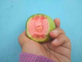 A woman holds a guava that has been bitten photo