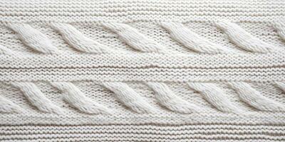 AI generated Wool sweater texture of white color with cable knitting stitch pattern. Natural knitted wool white photo