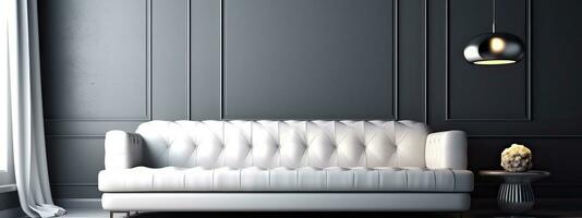 AI generated Beautiful modern white sofa in the interior against a gray wall photo