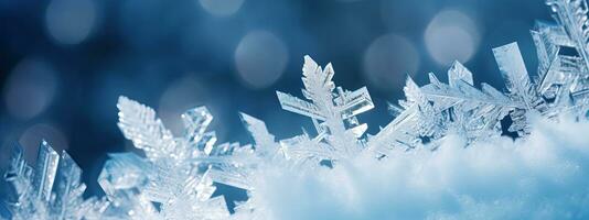 ai generado hermosa cristales de escarcha de cerca macro en un natural atmosférico azul antecedentes. invierno nieve foto