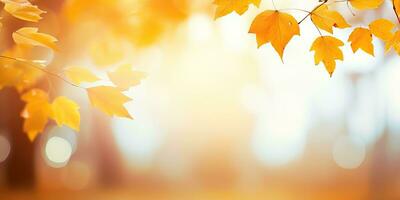 AI generated Defocused colorful bright autumn ultra wide panoramic background with blurry red yellow and orange photo