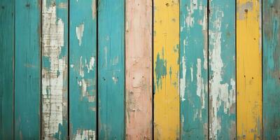 AI generated Texture of vintage wood boards with cracked paint of yellow, blue and green color. Horizontal retro photo