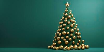 AI generated Green christmas composition. Christmas banner with red and gold balls on background. Copy space. photo