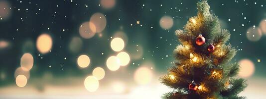 AI generated Beautiful Christmas defocused blurred background with Christmas tree lights in the evening photo