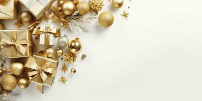 AI generated Christmas Flat Lay Background.Beautiful christmas golden shiny decorations on a white background.New photo