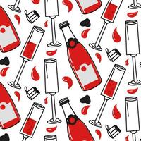 The pattern of champagne glasses, cork, splashes. Champagne, wine, prosecco, alcoholic drink, splashes are opened. Celebrating the New Year, birthday. Red is black. Seamless vector pattern, background