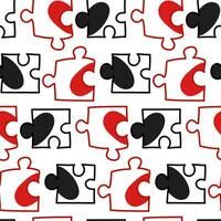 Pattern with colored puzzle elements with drawn halves of hearts. Puzzles are being assembled. Red, black, white. valentine's day. Collect, search, build. Matching puzzles are scattered randomly vector