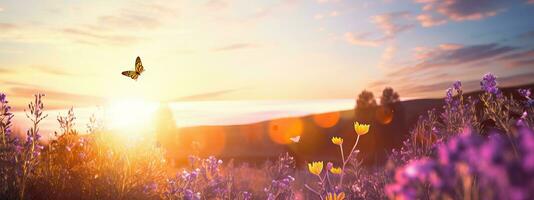 AI generated Art Wild flowers in a meadow at sunset. Macro image, shallow depth of field. Abstract august summer photo