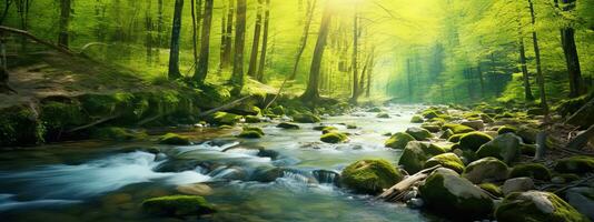 AI generated spring forest nature landscape, beautiful spring stream, river rocks in mountain forest photo