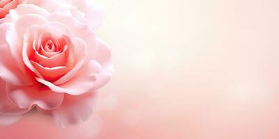 AI generated Horizontal banner with rose of pink color on blurred background. Copy space for text. Mock up photo