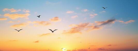 AI generated abstract beautiful peaceful summer morning sky background, sunrise new day and flying flock of birds photo