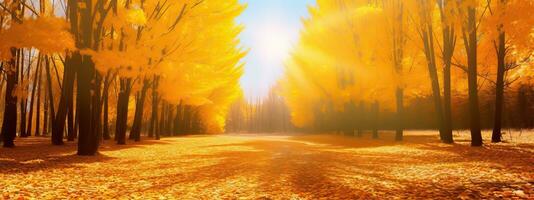 AI generated Beautiful bright colorful autumn landscape with a carpet of yellow leaves and a light slight haze photo