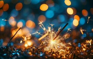 AI generated Golden fireworks, sparklers, festive lights on a blue background. Photorealistic, background with bokeh effect. AI generated. photo