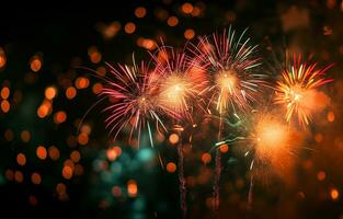 AI generated Golden fireworks, sparklers, festive lights on a dark background. Photorealistic, background with bokeh effect. AI generated. photo
