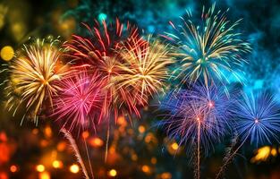 AI generated Golden and multicolored fireworks, festive lights on a dark background. Photorealistic, background with bokeh effect. AI generated. photo