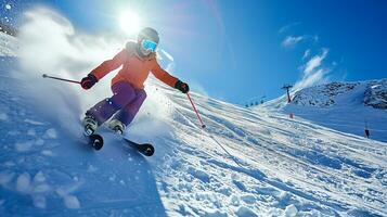 AI generated A young woman skiing down the mountain. Photorealistic, background with bokeh effect. AI generated. photo