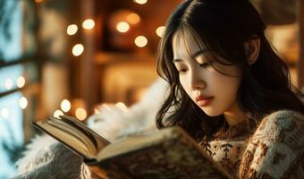 AI generated Young Asian woman is reading a book in a room decorated for the winter holidays. Photorealistic, background with bokeh effect. AI generated. photo