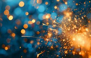 AI generated Golden fireworks, sparklers, festive lights on a blue background. Photorealistic, background with bokeh effect. AI generated. photo