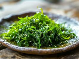 AI generated Delicious seaweed salad on a plate. Traditional cuisine, Japanese cuisine. Photorealistic background with bokeh effect. AI generated illustration. photo